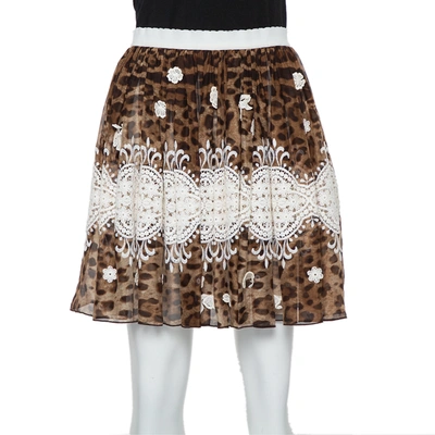 Pre-owned Dolce & Gabbana Brown Animal Printed Silk & Lace Paneled Mini Skirt S
