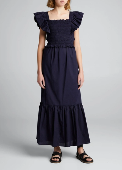 Shop Sea Gladys Smocked Tie-back Dress In Navy