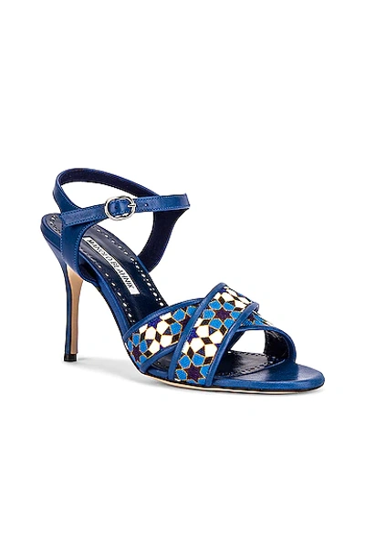 Shop Manolo Blahnik Talitha 90 Sandal In Blue Print