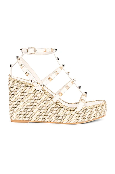 Shop Valentino Rockstud Torchon Espadrille Wedges In Light Ivory & Champagne