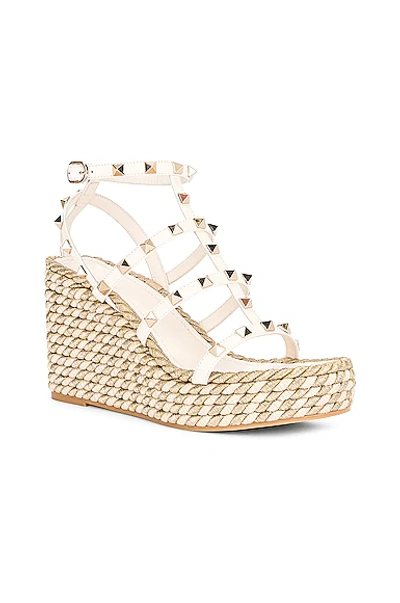 Valentino Rockstud Torchon Espadrille Wedges In Light Ivory & Champagne