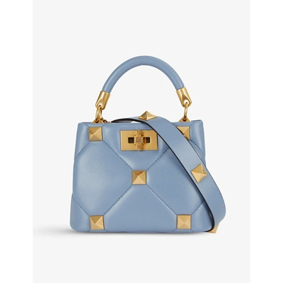 Shop Valentino Roman Stud Mini Leather Top Handle Bag In Niagara Blue