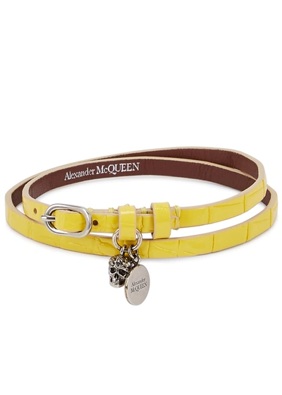 Shop Alexander Mcqueen Yellow Crocodile-effect Leather Wrap Bracelet