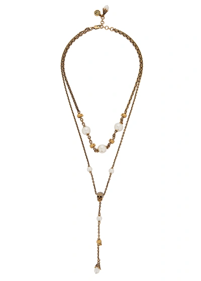 Shop Alexander Mcqueen Skull And Pearl Embellished Gold-tone Necklace