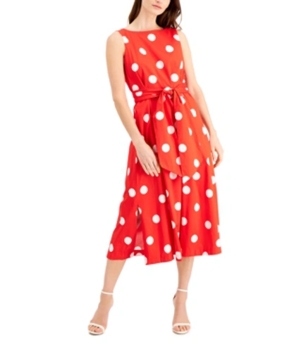 Shop Anne Klein Dot-print Belted Dress In Poppy/white