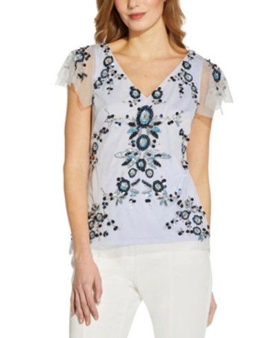Shop Adrianna Papell Embellished Flutter-sleeve Top In Serenity Blue