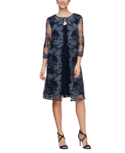 Shop Alex Evenings Petite Layered-look Embroidered Jacket Dress In Navy Blue