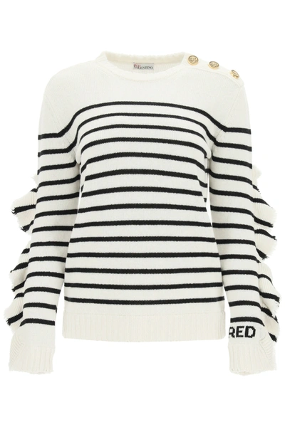 Shop Red Valentino Striped Sweater With Ruffles In White,black