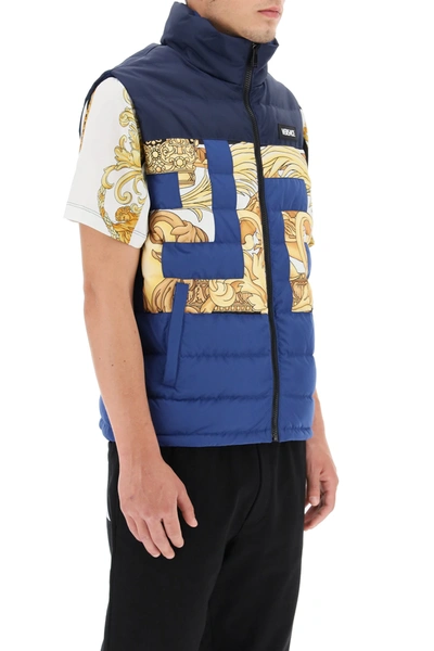 Shop Versace Down Vest With Baroque Inserts In Blue,gold,white