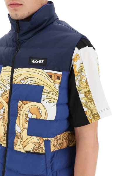 Shop Versace Down Vest With Baroque Inserts In Blue,gold,white
