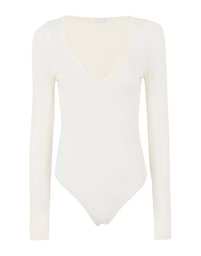 Shop 8 By Yoox Viscose L/sleeve Deep V-neck Bodysuit Woman Bodysuit Ivory Size L Viscose, Elastane In White