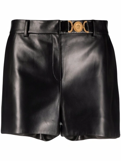 Shop Versace Medusa-plaque Leather Shorts In Black