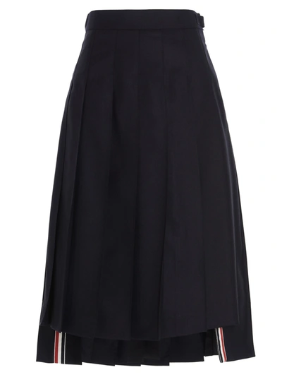 Shop Thom Browne Rwb Stripe Pleated Midi Skirt In Navy