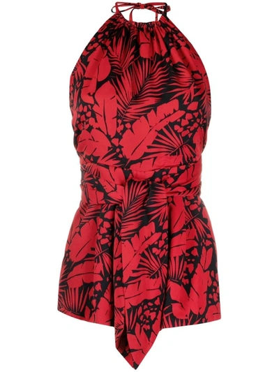 Shop Saint Laurent Red Halterneck Leaf-print Playsuit