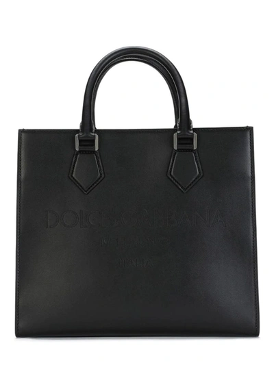 Shop Dolce & Gabbana Black Calfskin Edge Shopper Bag With Logo In Nero