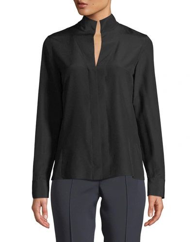 Shop Akris Split-neck Silk Button-front Blouse In Black