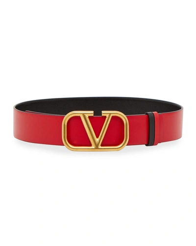 Shop Valentino Vlogo Reversible Box Leather Belt In Black/red