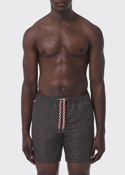 Shop Burberry Men's Nylon Check Swim Shorts In Dark Charcoal Ip