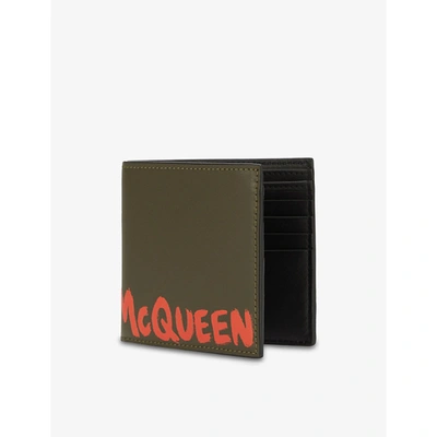 Shop Alexander Mcqueen Mens Khaki/warm Orange Graffiti Logo Leather Billfold Wallet