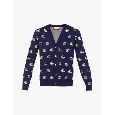 Shop Gucci Logo-intarsia Wool Cardigan In Inchiostro Milk Mc