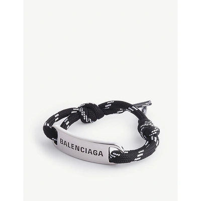 Shop Balenciaga Logo-plaque Woven Cord Bracelet In Blk White Ant Silver