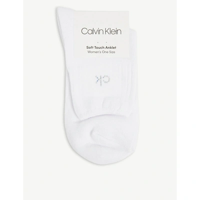 Shop Calvin Klein Women's 10 White Crystal Logo-embellished Cotton-blend Ankle Socks