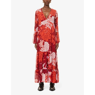 Shop Free People Moroccan Patchwork Floral-print Chiffon Maxi Dress In Red Combo