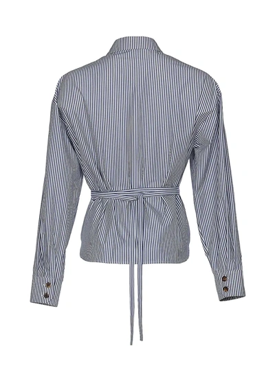 Shop A.w.a.k.e. Women's Striped Belted Wrap Cropped Shirt In White Navy Striped