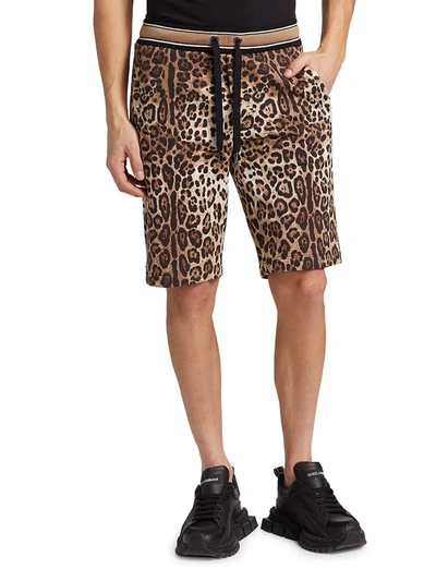 Shop Dolce & Gabbana Men's Leopard-print Cotton Jogger Shorts In Leo Senza
