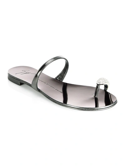 Shop Giuseppe Zanotti Ring Swarovski Crystal Metallic Leather Toe-loop Sandals In Nero