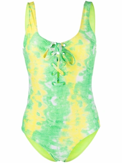 Shop Ganni Abstract-print Lace-up Swimsuit One-piece In Grün