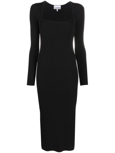 Ganni Black Melange Knit Mid-length Dress | ModeSens
