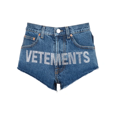 Shop Vetements Crystal Logo Denim Hot Pants Shorts In Blue