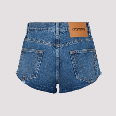 Shop Vetements Crystal Logo Denim Hot Pants Shorts In Blue