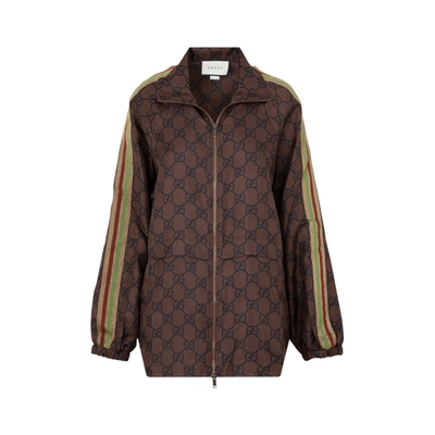 Shop Gucci Gg Supreme Print Silk Zip-up Jacket In Brown