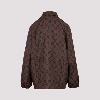 Shop Gucci Gg Supreme Print Silk Zip-up Jacket In Brown