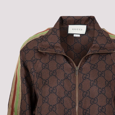 Shop Gucci Gg Supreme Print Silk Zip-up Jacket In Brown