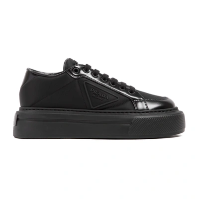 Shop Prada Nylon And Leather Macro Sneakers Shoes In Black