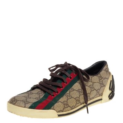 Pre-owned Gucci Brown/beige Gg Canvas Boulevard Script Logo Lace Up Sneakers Size 39
