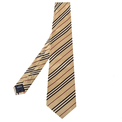 Pre-owned Burberry Vintage Diagonal Striped Satin Silk Traditional Tie In Beige