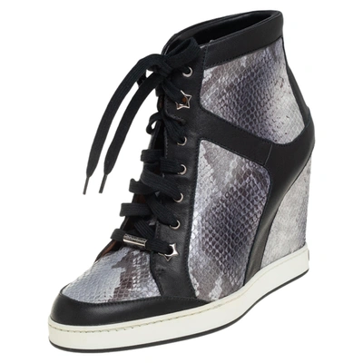 Pre-owned Jimmy Choo Tri Color Leather And Python Embossed Leather Panama Wedge Sneakers Size 40 In Multicolor