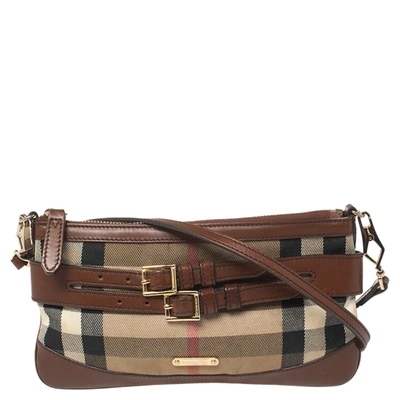 Pre-owned Burberry Brown/beige House Check Fabric And Leather Crossbody Bag