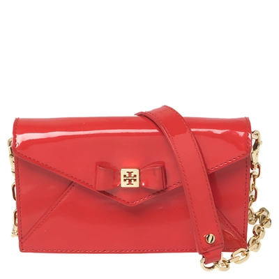 Pre-owned Tory Burch Red Patent Leather Bow Wallet On Chain