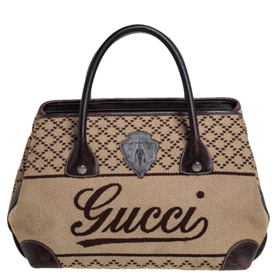 Pre-owned Gucci Brown/beige Canvas And Leather Medium Diamond Blazon Tote