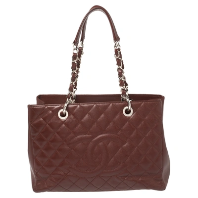 Pre-owned Chanel Dark Red Quilted Caviar Leather Grand Shopping Tote