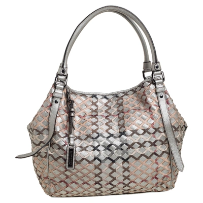 Pre-owned Burberry Silver/beige Woven Coated Canvas And Leather Large Canterbury Tote