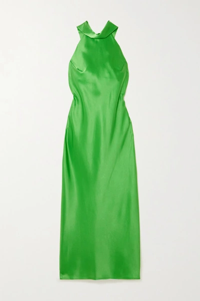 Shop Galvan Sienna Satin Halterneck Midi Dress In Green