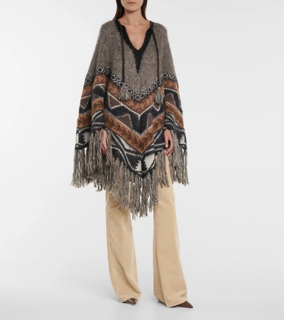 Shop Etro Fringed Wool-blend Poncho In Multicoloured
