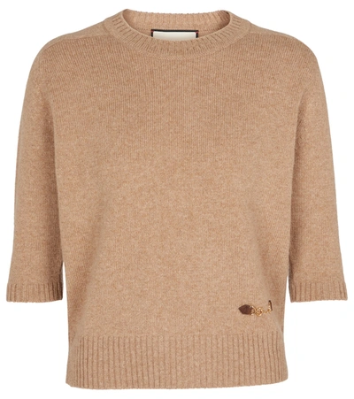 Shop Gucci Embellished Cashmere Sweater In Beige