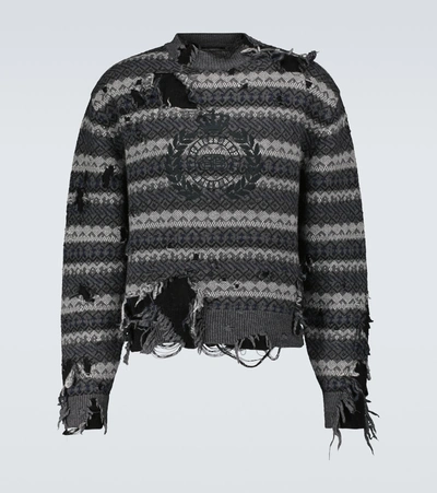 Balenciaga Distressed Logo-embroidered Wool-blend Sweater In Grey | ModeSens